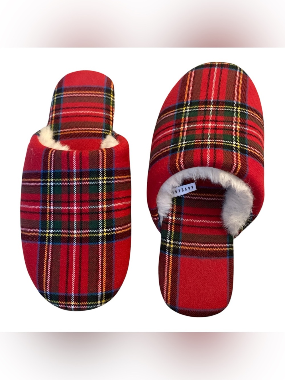 Pottery Barn Stewart Women’s Plaid Flannel Slippers W/Faux Fur Inside